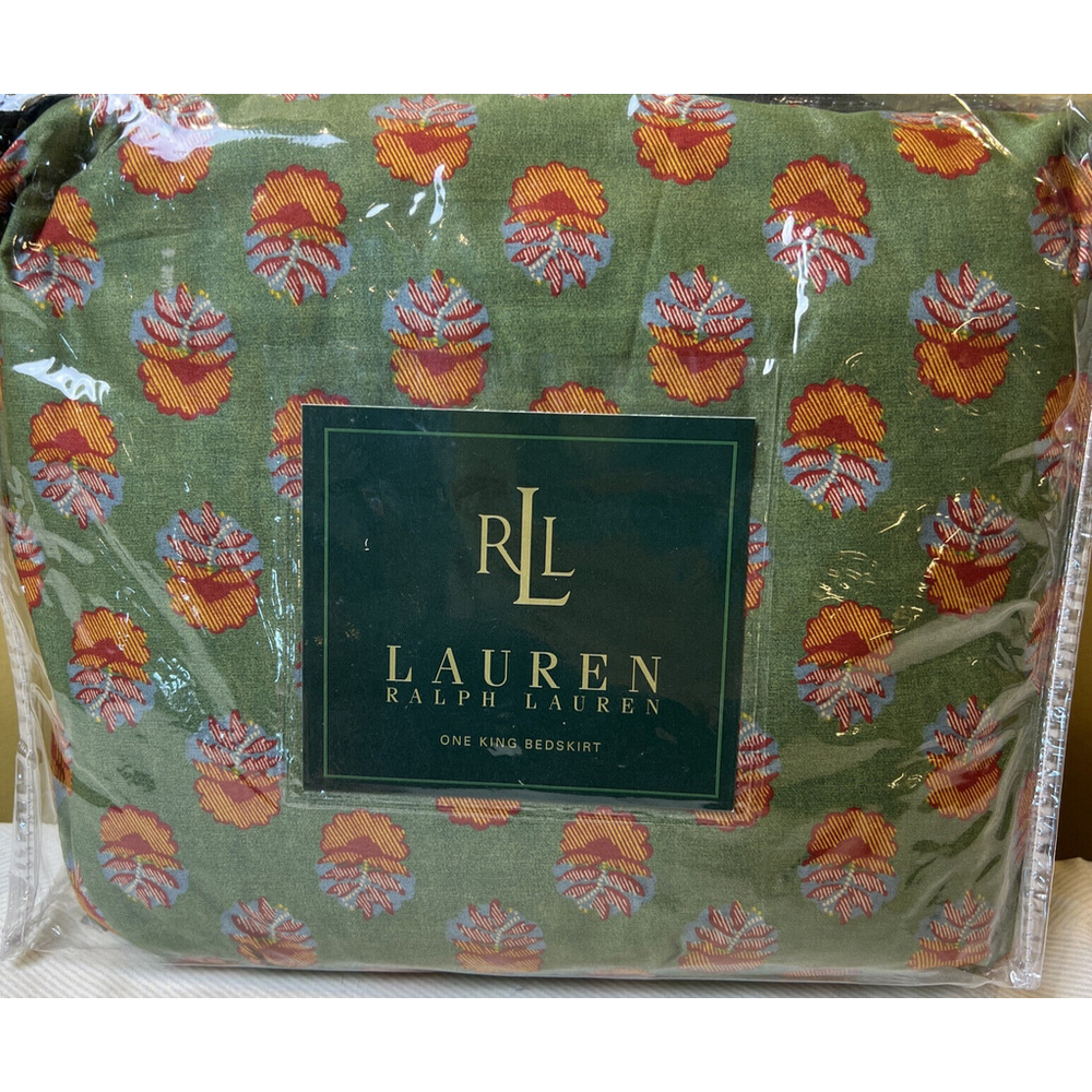 Ralph Lauren Village Mews Border Green Multicolor Bedskirt King Made In USA New - Picture 2 of 5